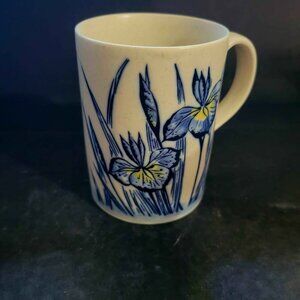 Vintage Stoneware Mug Featuring A Blue And Yellow Iris Floral Design